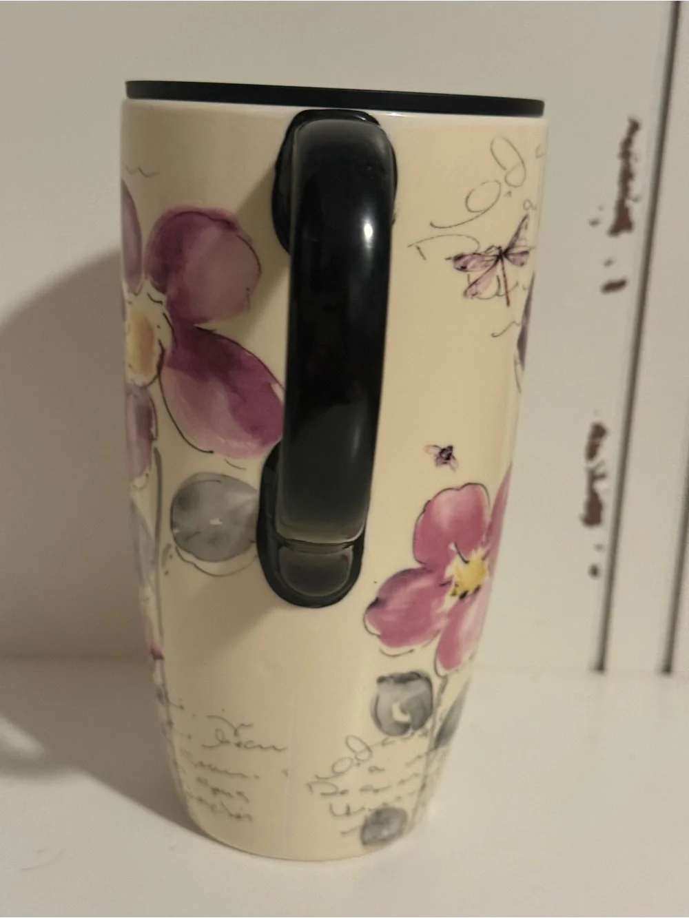 Cypress Home 17 Oz Ceramic Coffee Mug Floral Dragonfly Travel w/Lid